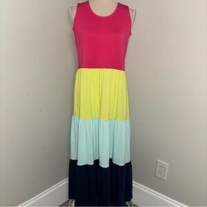 Lands End colorblock bright knit tiered maxi dress sleeveless size Small 6-8